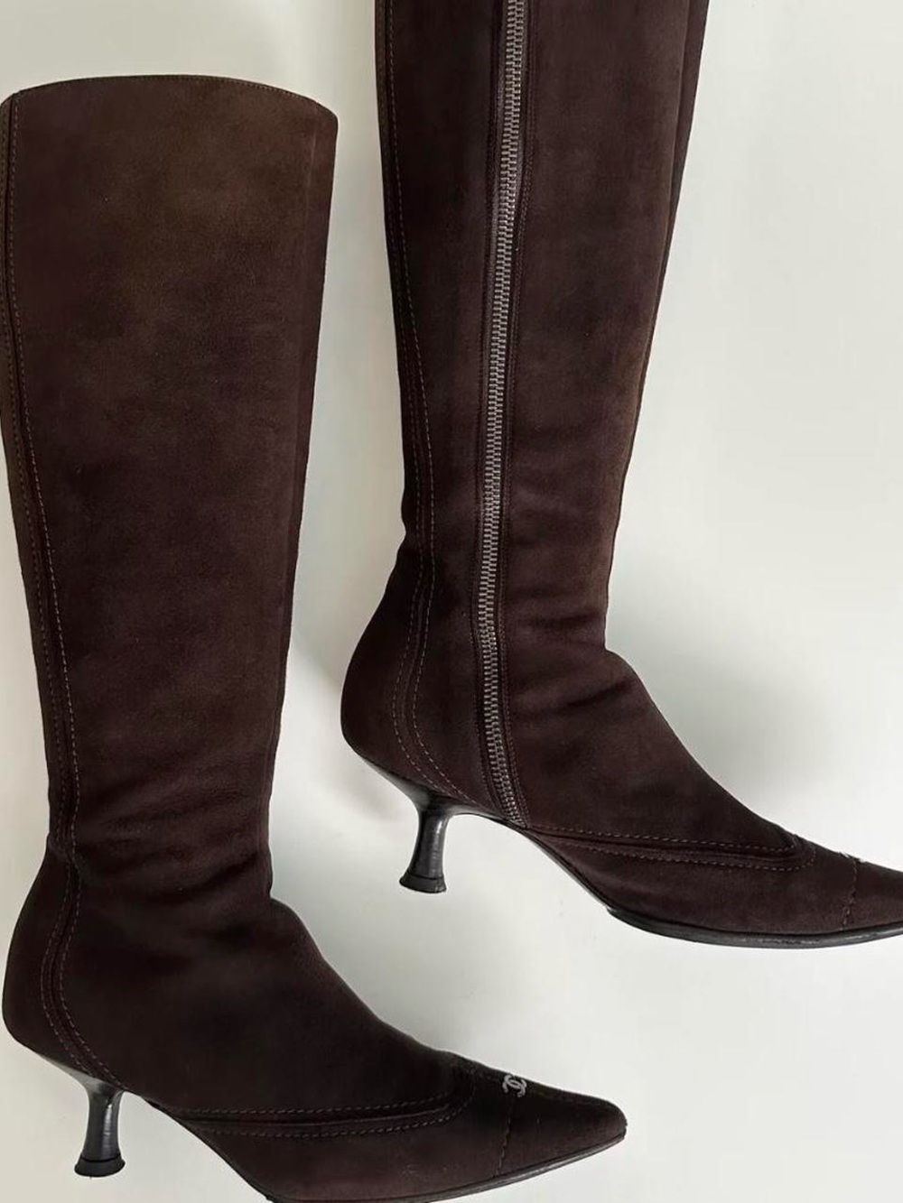 CHANEL Dark Brown Suede Pointed-Toe Knee Boots - Picture 3 of 7